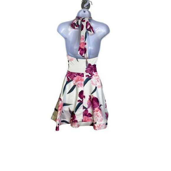 January 7 Womens Fit Flare Dress White Pink Floral Sleeveless Halter Neck S New - Picture 2 of 6
